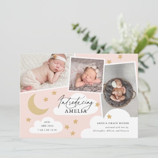 ムーンスターズ雲3フォトコラージピンク誕生Anou 案内状 (スタンド正面)