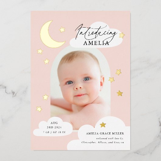 ムーンスターズArchフォトピンク誕生のお知らせ 箔招待状 (正面)