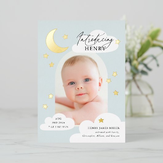 ムーンスターズArchフォトブルー誕生発表 箔招待状 (立ち正面)