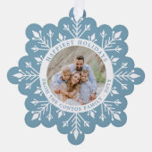 ムーンストーンブルースノーフレークハッピーホリデーズフォト オーナメントカード (正面)