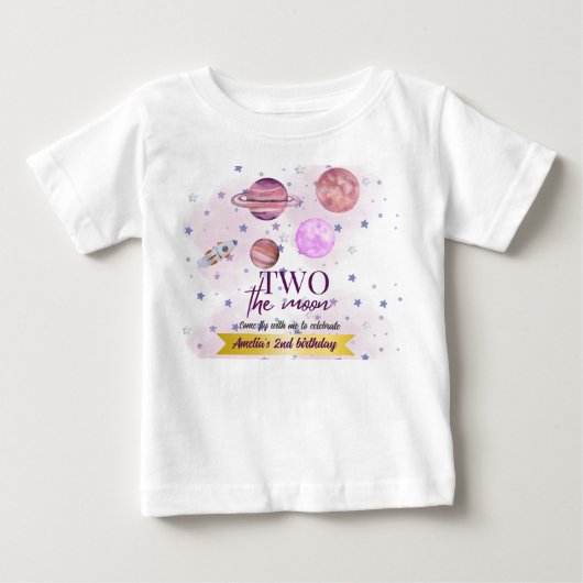 ムーンツー 2歳の誕生日 女の子 月 星 ロケット ベビーTシャツ (正面)