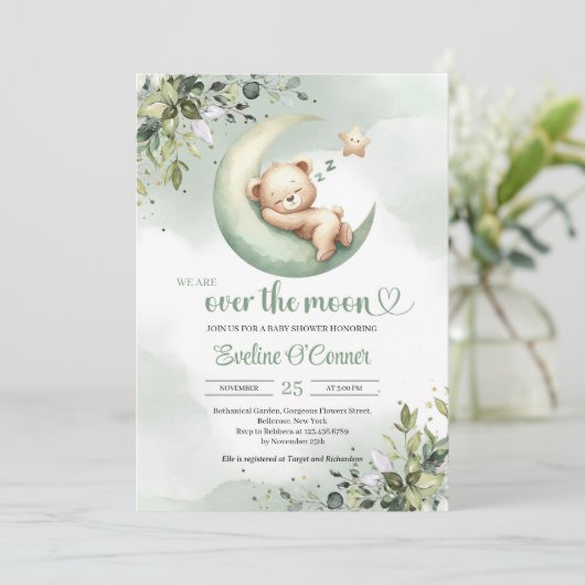 ムーンテディベアの上のボホ緑のベビー 招待状 (スタンド正面)
