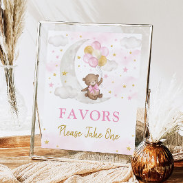 ムーンテディベアピンクの金ゴールドバルーン好意サイン ポスター