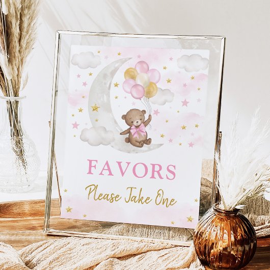 ムーンテディベアピンクの金ゴールドバルーン好意サイン ポスター