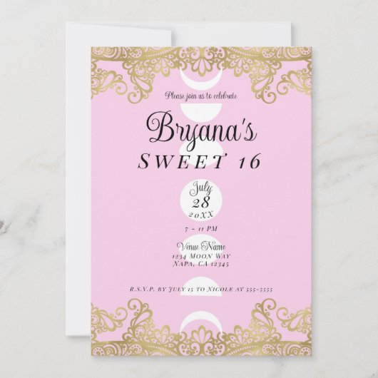 ムーンテンプルピンク&金ゴールド華美スウィート16 招待状 (正面)