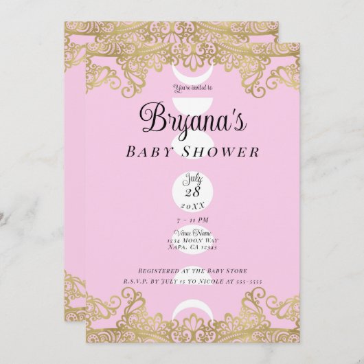 ムーンテンプルピンク&金ゴールド華美ベビーシャワー 招待状 (正面/裏面)