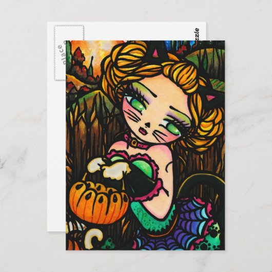 ムーンナイトハロウィーンキティキャットガールファンタジーアート ポストカード (正面/裏面)