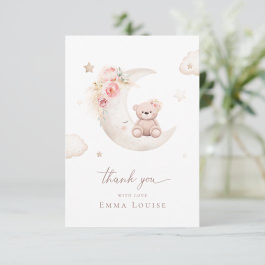 ムーンニュートラルのベビーシャワーの上にテディベア サンキューカード (スタンド正面)