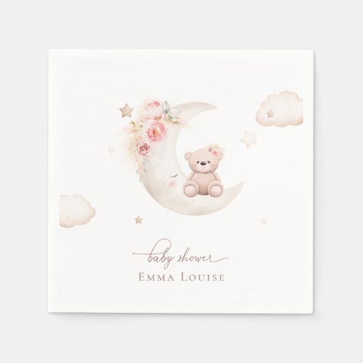 ムーンニュートラルのベビーシャワーの上にテディベア スタンダードカクテルナプキン (正面)