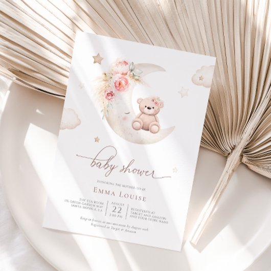 ムーンニュートラルのベビーシャワーの上にテディベア 招待状