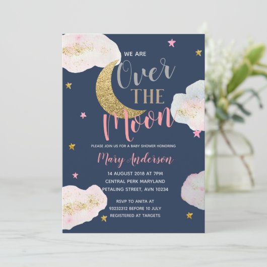ムーンネイビーブルーと金ゴールドベビーシャワー 招待状 (スタンド正面)