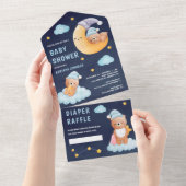 ムーンネイビーブルーベビーシャワーに眠るテディベア オールインワン招待状 (貼ってはがせる)