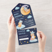 ムーンネイビーブルーベビーシャワーに眠るバニー オールインワン招待状 (貼ってはがせる)