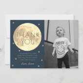 ムーンネイビーブルーボーイフォト誕生日サンキューカード 招待状 (正面)