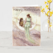 ムーンハロウィンの魔女とフクロウヴィンテージ カード (黄色い花)