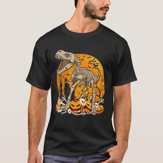 ムーンハロウィー付き恐竜Tレックス骨格カボチャ Tシャツ (正面)