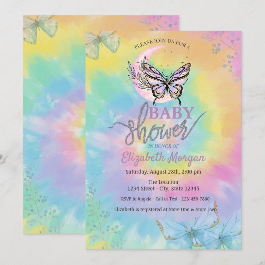 ムーンバタフライ タイダイ ベビーシャワー 招待状 (正面/裏面)