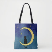 ムーンバッグに座っている猫とのファブリックデザイン トートバッグ (正面)
