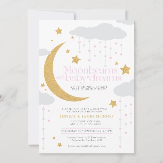 ムーンビームとベビー夢ピンクの赤ちゃんシャワー 招待状 (正面)