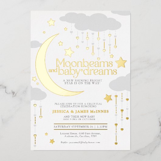 ムーンビームベビー夢グレー金ゴールドフォイル赤ちゃんシャワー 箔招待状 (正面)