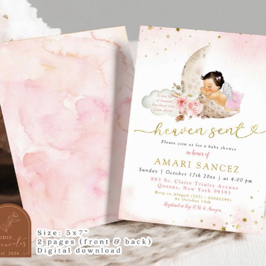ムーンピンクボホメキシカンガールエンジェルベビーシャワー 招待状