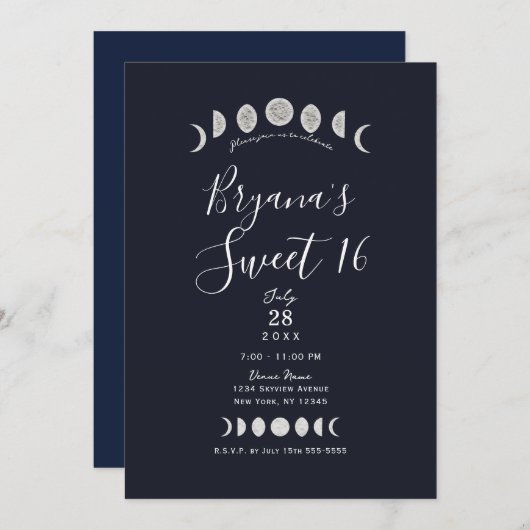 ムーンフェイズブルーアストロロジカルシアルスウィート16 招待状 (正面/裏面)