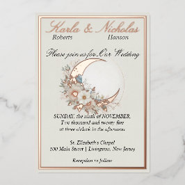 ムーンフラワーオフホワイト、バラ金ゴールド 箔招待状