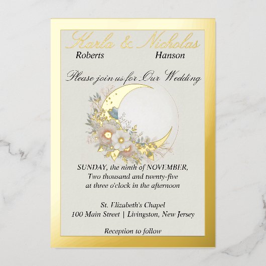 ムーンフラワーオフホワイト、ワイドGoldr 箔招待状 (正面)