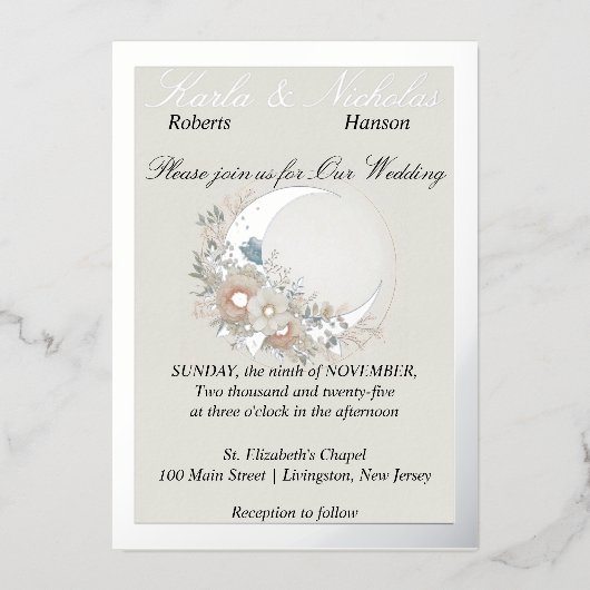 ムーンフラワーオフ白、ワイド銀 箔招待状 (正面)