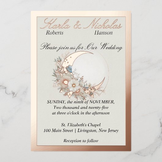 ムーンフラワー オフホワイト ワイド ローズゴールド 箔招待状 (正面)