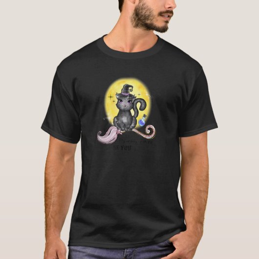 ムーンブラック遠くに猫とハロウィーンフライ Tシャツ (正面)