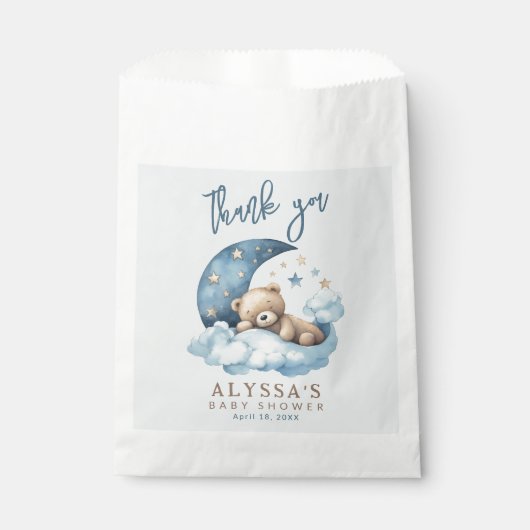 ムーンブルーのベビーシャワーの上にテディベア フェイバーバッグ (正面)