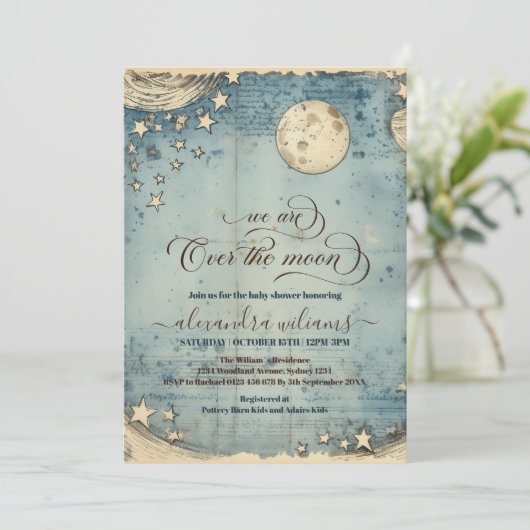 ムーンブルーの男の子の赤ちゃんシャワーの上の写真 招待状 (スタンド正面)