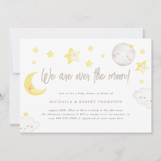 ムーンベイビーシャワーの上にウィムシーな水の色 招待状 (正面)