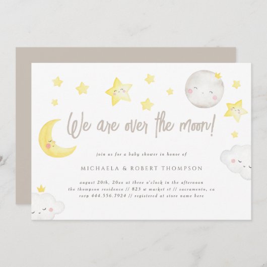ムーンベイビーシャワーの上にウィムシーな水の色 招待状 (正面/裏面)