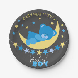 ムーンベビーシャワーに眠る男の子テディベア ペーパープレート