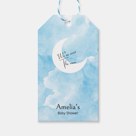 ムーンベビーシャワーギフトラベルの上に水色を洗う ギフトタグ (正面)