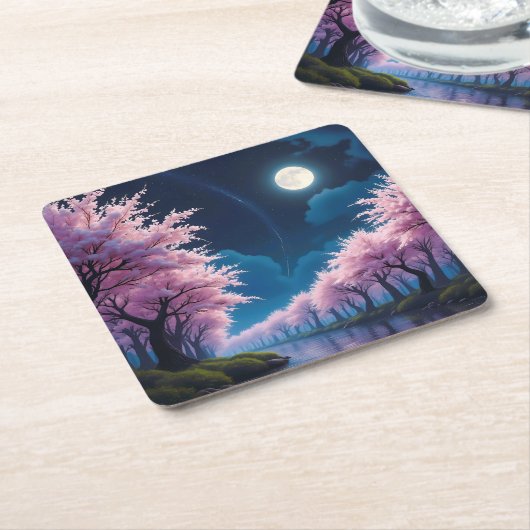 ムーンライトさくらんぼブロッサムアニメ風景 スクエアペーパーコースター (アングル)