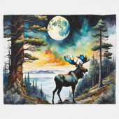 ムーンライトの下のアラスカのムース フリースブランケット (正面(横))