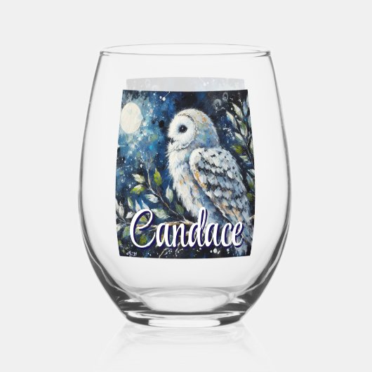 ムーンライトの枝に白フクロウパーソナライズされた ステムなしワイングラス (正面)