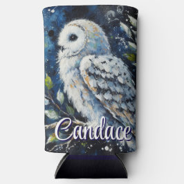 ムーンライトの枝に白フクロウパーソナライズされた スリム缶クーラー