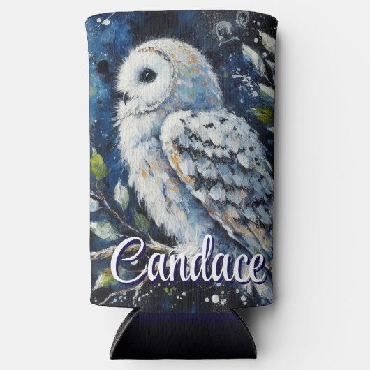 ムーンライトの枝に白フクロウパーソナライズされた スリム缶クーラー (正面)