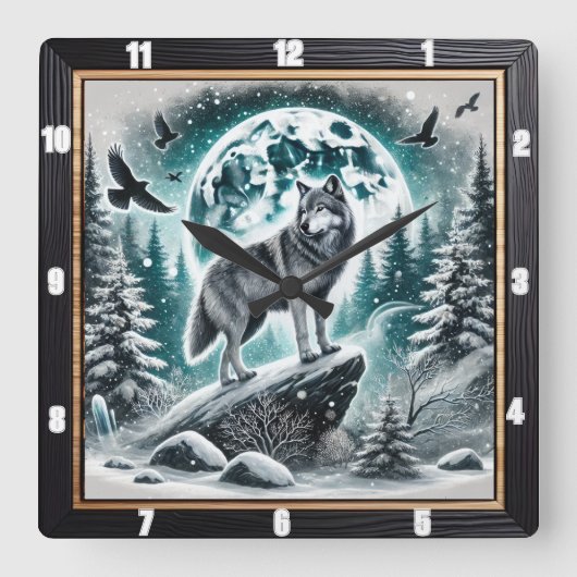 ムーンライトの空の下の冬の森にオオカミ スクエア壁時計 (正面)