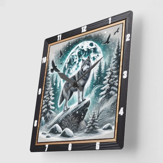 ムーンライトの空の下の冬の森にオオカミ スクエア壁時計 (傾斜)