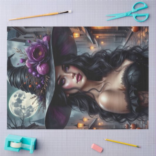 ムーンライトの通りと紫のバラを持つゴシックの魔女 薄葉紙 (クラフト)