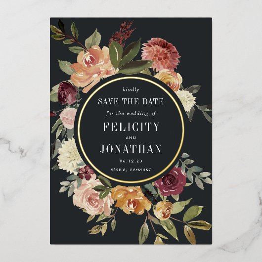 ムーンライトガーデン | フローラ結婚式の日付の保存 箔招待状 (正面)