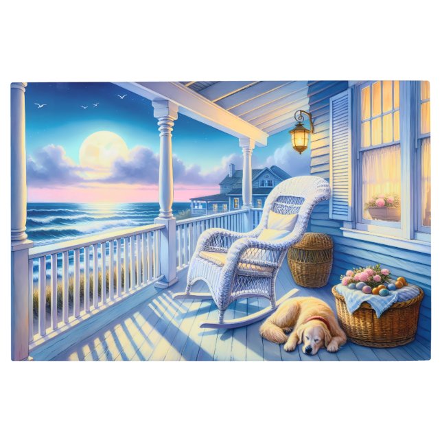ムーンライトコースタルポーチドッグ&海ビュー メタルプリント (正面)