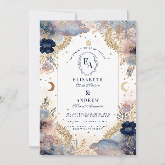 ムーンライトスカイとバラ結婚フローラ 招待状 (正面)
