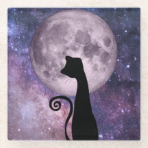 ムーンライトピンク/紫ガラスコースターの黒猫