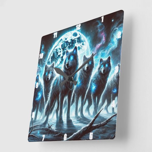 ムーンライトフォレストブルーグローに神秘的な狼 スクエア壁時計 (傾斜)